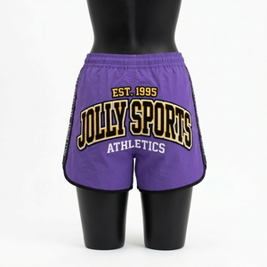 Shorts Deportivos de Nailon Ligero Premium de 120 GSM para Mujer, Diseño con Paneles Laterales Morados, Logotipo Bordado Personalizado - Product Image 2