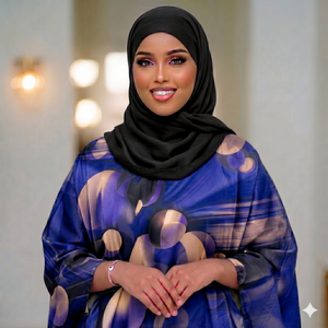 <b>Red</b> Swiss Dirac with Abstract Bubble Print & Black Hijab | Elegant Somali Party Wear Dress - Product Image 4