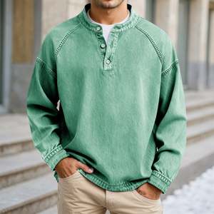 เสื้อโปโลผู้ชายสไตล์วินเทจ คอเฮนลีย์ แขนยาว ติดกระดุม ทรงหลวม สีพื้น ลุคสบายๆ ซักย้อมสีแบบแอซิดวอช ขายส่ง - Product Image 3