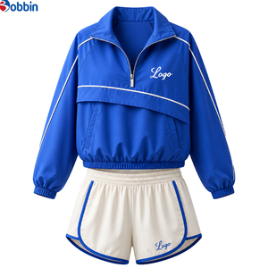 Conjunto Deportivo de 2 Piezas para Mujer Estilo Hip Hop, Chaqueta Azul con Capucha y Cierre Frontal con Bolsillos, Pantalones Cortos de Secado Rápido, Corte Holgado, Ropa de Primavera/Verano - Product Image 5