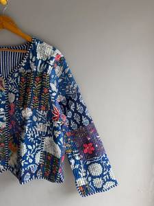Bohemian Patchwork Cotton Jacket <b>Women</b> V-Neck Three Quarter Sleeve Hand Embroidered Floral Open Front Casual Outerwear gift - Product Image 4