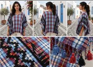 V-Neck Plaid Boho <b>Poncho</b> With Tassels Asymmetrical Hem Loose Woven Dress For Daily Wear All Seasons - Product Image 4