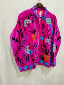 Pink <b>Velvet</b> Embroidered Fleece <b>Jacket</b> With Floral Pattern Stand Collar Zipper Closure Autumn Women's <b>Jacket</b> - Product Image 2