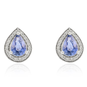 14K Gold Pear Cut <b>Blue</b> Sapphire Halo <b>Diamond</b> Stud <b>Earrings</b> - Product Image 2