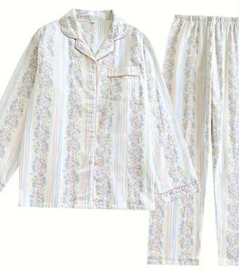 Women's <b>Animal</b> Printed Color Striped 100% Cotton Terry Double Layer Breathable Lightweight Plus Size Long Sleeve Pajama Set - Product Image 6