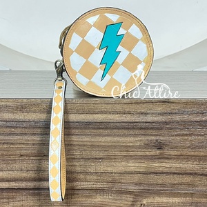 Brand New Lightning Thunderstorm Round Coin <b>Purse</b> Checkered Pouch with Wristlet for Women Tooled Leather Zipper Wallet <b>Cute</b> Bag - Product Image 1