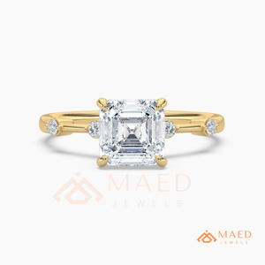 Classic Asscher Cut <b>Solitaire</b> <b>Ring</b> in 14kt Yellow Gold – Multi-Stone Accented Bridal Band - Product Image 5