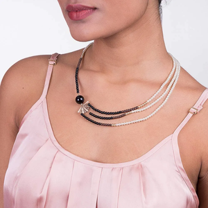 Women's Faux Pearl Beaded Necklace With Black Onyx And Gold Plated Fan Pendant Classic Layered Design For Everyday Wear - Product Image 4