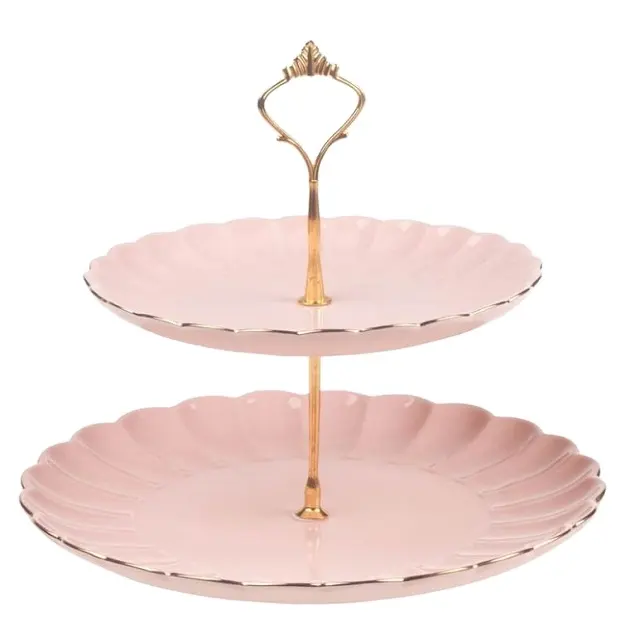 Keramische Mooie Roze Gekleurde Ontwerpen Stijlvolle Moderne Luxe Antieke Fancy Decoratie Laatste Serveren Taart Met 2 Tier