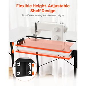 Table de machine à coudre pliable blanche avec étagère latérale, pieds en acier réglables, multifonctionnelle, pour la maison, le studio de mode, l'art, l'éducation - Product Image 4