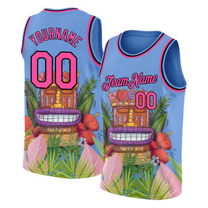 Camiseta de Baloncesto Sublimada Personalizada, Azul Claro y Rosa, Diseño Floral con Bandera Animal, Unisex para Adultos, Transpirable y que Absorbe la Humedad - Product Image 1