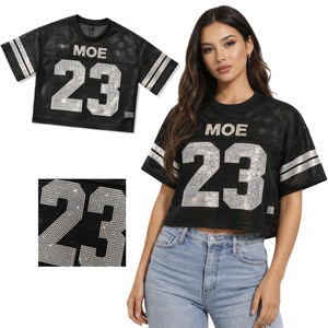 Women's Cropped <b>Top</b> <b>Rhinestone</b> Sparkly American Football Jersey Oversized <b>Mesh</b> Custom Logo Boutique OEM Quality Bulk Production - Product Image 1