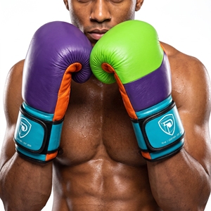 Gants de boxe en cuir Dumela International 16 oz, violet, vert, orange, bleu, équipement d'entraînement professionnel, design avec logo - Product Image 4