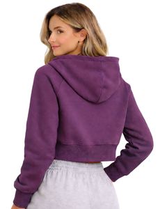 Sudadera con capucha corta para mujer, color morado ciruela, de algodón y forro polar, corte ajustado, estilo casual, ligera, para uso diario. - Product Image 2