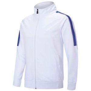 Men's <b>White</b> Full Sleeve Sport <b>Jacket</b> With Blue Stripes Stand Collar Zipper Front Side Pockets Breathable Spring Wear - Product Image 1