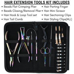 All in One Rainbow Hair Extension Tool <b>Set</b> with Flat <b>Crimping</b> Plier Bead Remover Tool Hook Loop Tool Mini Scissor & Tail Comb - Product Image 2