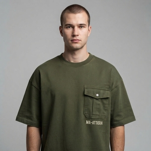 Camiseta Verde Oliva para Hombre, Estilo Utilitario, Cuello Redondo, Manga Corta, Casual, Streetwear, Algodón, con Bolsillo - Product Image 1