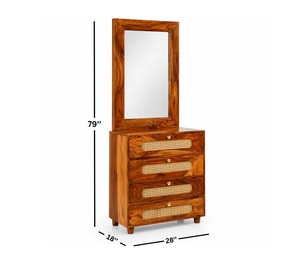 Mid-Century Modern Solid Wood Rattan <b>Dressing</b> Table | 4 Drawer Cane Webbing Vanity with Mirror | Wholesale Bedroom Furniture - Product Image 3