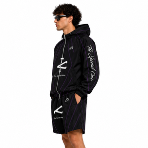 Ensemble court coupe-vent réfléchissant noir tendance personnalisé pour hommes, style streetwear Y2K, marque privée, ensemble veste légère d'été avec sweats à capuche - Product Image 3