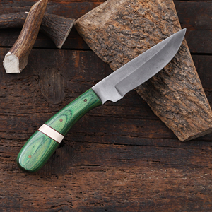 Cuchillo de caza y desollado de hoja fija de acero 1095 con mango de madera Pakka, espiga completa, personalizado OEM/ODM, con funda de cuero - Product Image 4