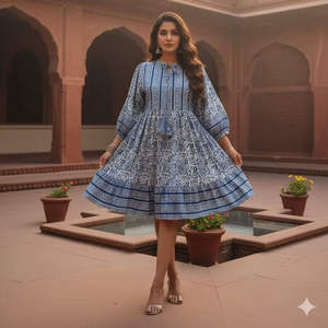 เดรสสั้นพิมพ์ลายบล็อกสีครามสุดเก๋ สไตล์โบฮีเมียน ผ้าฝ้ายทรงมินิเดรสระบายชั้นๆ แขนระบายพลิ้วไหวสำหรับผู้หญิง - Product Image 5