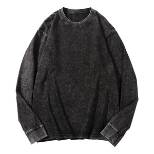 Camiseta de manga larga para hombre, estilo vintage, lavado ácido, cuello redondo, color gris oscuro, corte holgado - Product Image 1