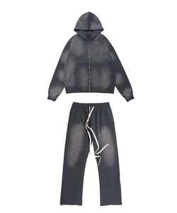 Ensemble survêtement deux pièces pour homme, sweat à capuche zippé gris foncé dégradé et pantalon de survêtement, style streetwear - Product Image 2
