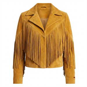 Gold Suede <b>Jacket</b> With <b>Fringe</b> Sleeve Zipper Closure Breathable Eco Friendly Turn down Collar Women winter Fashion Leather <b>Jacket</b> - Product Image 1