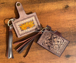 Nouvel arrivage d'étuis porte-cartes ATM en cuir véritable fleuri élégant et mignon petit porte-cartes à pompons de la mode occidentale avec porte-clés - Product Image 3