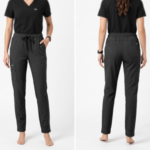 Pantalon de travail pour femmes en tissu tissé 180 GSM coton polyester rose poudré, avec poches utilitaires, design à panneaux, broderie personnalisée, logo imprimé, pour hôpital - Product Image 2