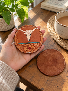 Posavasos de cuero hechos a mano con nuevo diseño, redondos, estilo vintage, para decoración de mesa. - Product Image 1