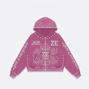 Sudadera con capucha rosa de 350 g/m² de tejido grueso con cremallera completa, detalles de pedrería, lavado vintage, logotipo bordado personalizado, transpirable para hombre, ideal para invierno. - Product Image 1