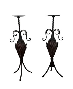 <b>Vintage</b> Style Metal And Rattan Candle Stand For <b>Side</b> <b>Tables</b> Entryway Styling Living Room Bedroom Decorative Accent From India - Product Image 1