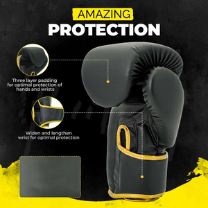 Black PU <b>Fingerless</b> Boxing <b>Gloves</b> with Gold Trim for Closure Breathable Waterproof Adjustable Wrist Strap for Adults - Product Image 3
