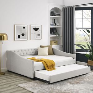 Divano letto imbottito trapuntato a grandezza naturale con letto estraibile singolo, schienale con bottoni e braccioli decorati con borchie in rame, colore beige - Product Image 1
