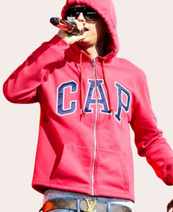 Sweat à capuche zippé inspiré de Coachella Gap x Central Cee "CAP" |   Veste Rouge Écarlate Premium à Fermeture Éclair Partie Découpée et Appliqué Personnalisé - Product Image 4