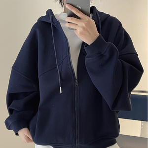 Nouveau Sweat à Capuche Zippé Oversize pour Femme, Uni, en Molleton de Coton Épais, Épaules Tombantes, Fermeture Éclair Intégrale - Product Image 5