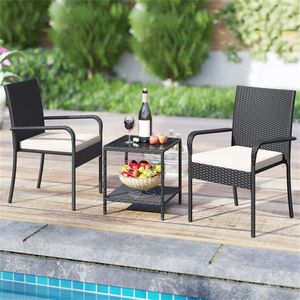 Set Bistrot da Esterno in PE Wicker Bianco a 3 Pezzi con Tavolino a 2 Livelli in Vetro Temperato e Sedia da Esterno per Donne - Product Image 2