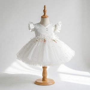 Lindo Vestido Corto de Tul con Cintura de Perlas Blancas para Niñas, Vestido de Tul con Encaje para Niñas, Elegante Vestido de Princesa para Fiesta, Baile de Graduación, Formal - Product Image 1
