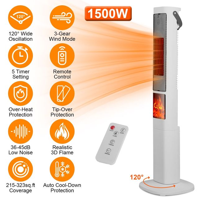 1500W Oscillating Ceramic Tower Space Heater 3D Flame Portable Electric Fireplace 3 Wind Modes Remote Control 5 Timer Options