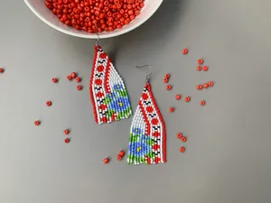 TRENDING USA Tribal seed bead fringe earrings - Traditional Ukrainian red ornament blue <b>flower</b> earring FOR WEDDING - Product Image 4