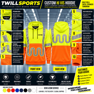 TwillSports <b>Hi</b> <b>Vis</b> Reflective Hoodie Men Safety Workwear <b>Orange</b> Yellow Polyester Sweatshirt Custom Printing Outdoor Use - Product Image 6