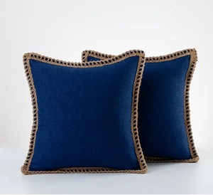 Funda de Cojín Cuadrada Azul Clásica con Ribete Trenzado, Cierre de Sobre de Algodón Hecho a Mano, Decoración para el Hogar - Product Image 1
