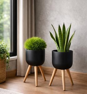 Ensemble de 2 jardinières en métal avec pieds en bois, noir, anti-rouille, rondes, pour plantes d'intérieur et d'extérieur, balcon, jardin, décoration de la maison - Product Image 2