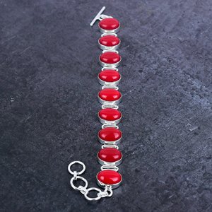 Pulsera de Cadena con Eslabones y Gema Ovalada de Coral Rojo Chapada en Plata de Aleación, Joyería Étnica Unisex de 7-8 Pulgadas, Regalo para Esposa, Cumpleaños - Product Image 1