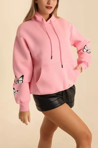 Sudadera con Capucha Oversize Rosa para Mujer con Bordado de Mariposas en las Mangas, Corte Regular, Felpa, Ropa Casual de Otoño - Product Image 6
