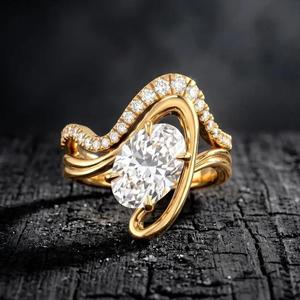 Anillo de compromiso de oro macizo con diamante de corte ovalado y banda en espiral con pavé de diamantes redondos, joyería nupcial de lujo, regalo para ella - Product Image 1