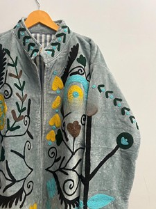 Handcrafted Grey Velvet <b>Jacket</b> with Vibrant Suzani Embroidery and Boho-Chic Tribal Versatile <b>Jacket</b> <b>Mandarin</b> <b>Collar</b> <b>Jacket</b> - Product Image 4
