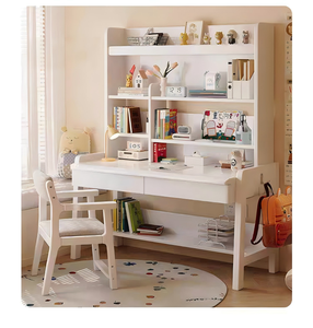 White Ergonomic Wooden Multi-functional <b>Study</b> <b>Desk</b> and Bookshelf Set with Storage Shelves for Children's Home Office - Product Image 1