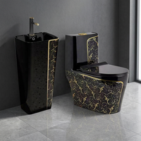 Ensemble WC monobloc et lavabo mural gris de luxe avec ligne dorée pour hôtels étoilés